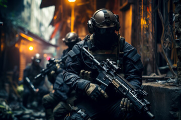 Urban Warfare: Mercenaries in Action with Assault Rifles in an Alley created with Generative AI technology - obrazy, fototapety, plakaty