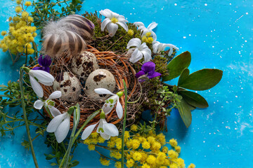 Bird's nest with eggs on bright turquoise background. Close-up. Symbol of Easter, beginning of...