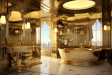 Golden bathroom, gold bathroom, golden bath, golden bathroom in beautiful penthouse