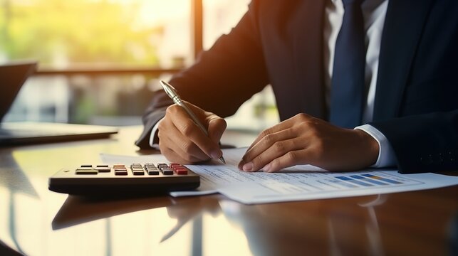 A businessman is crunching numbers on the company's financial documents. Financial concept.