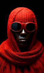 Red Knitted Costume Human Portrait with Glowing Black Glasses on Solid Background, created with Generative AI technology