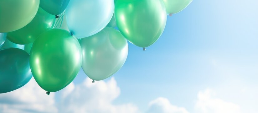 A multitude of green and electric blue balloons float among fluffy clouds in the sky, resembling seedless grapes. This picturesque event is perfect for macro photography