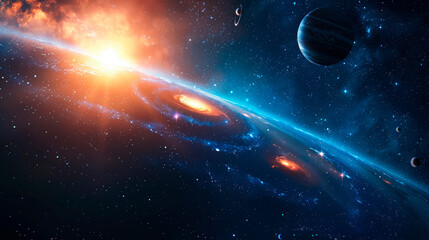 Universe with suns, planets, stars and Milky Ways projection, dark blue light.