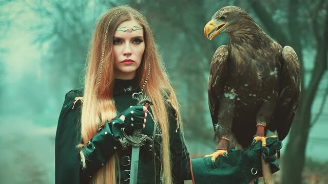 art portrait fantasy woman holding white-tailed eagle bird, sword in hand. Blonde Elf warrior girl with brown bird posing in fog autumn nature. Lady queen hunter beauty face black costume dark trees