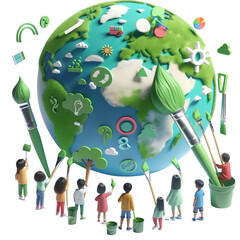 A group of children painting a green Earth. The painting is a representation of the importance of taking care of the environment