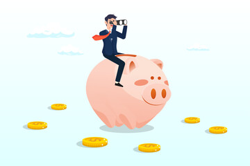 Businessman riding piggy bank look through binoculars to see future, financial future, discover investment opportunity, mutual fund or stock market pension fund, wealth management or savings (Vector)