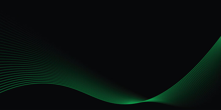 Vector abstract light lines wavy flowing dynamic in green colors isolated on black background.