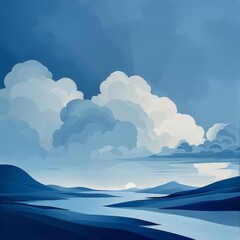 Depicted with clean geometry and minimalistic symbols, clouds in sky blue float peacefully over a landscape.