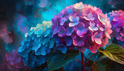 Abstract colorful hydrangea flowers on a blue background, impressionism and science on digital art concept.