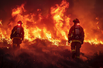 Brave Firefighters Tackling Raging Wildfire - obrazy, fototapety, plakaty