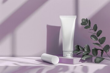 A bottle of lotion is positioned next to a cosmetic tube of lotion on a flat surface.