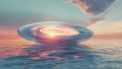 the sleek, oval-shaped spaceship cruising above the water in the golden light of the setting sun, harboring the wondrous secret of another world within.