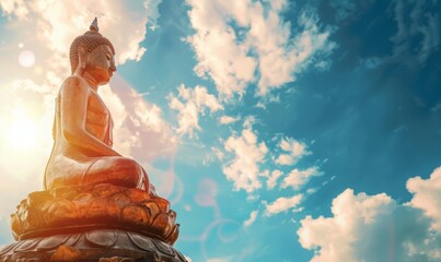 A Buddha statue sits on a cloud in the bright sky.