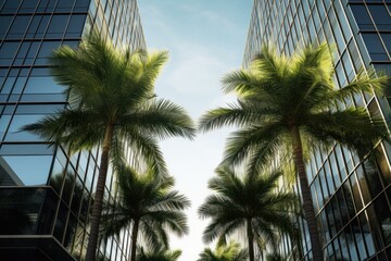 Fototapeta na wymiar Illuminated Palm leaves front skyscraper lights. Office tree. Generate Ai