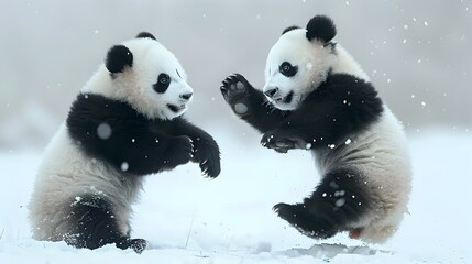 Playful Panda Cubs in Snowy Haven Joy, Cuteness Personified