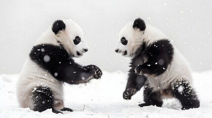 Playful Panda Cubs in Snowy Haven Joy, Cuteness Personified - obrazy, fototapety, plakaty