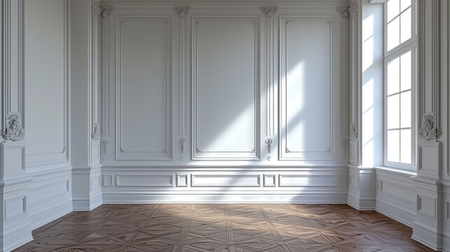 Modern classic white empty interior with white wall panels and wooden floor