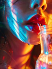 Close up of Woman Drinking from Straw with Vibrant Colors and High Contrast