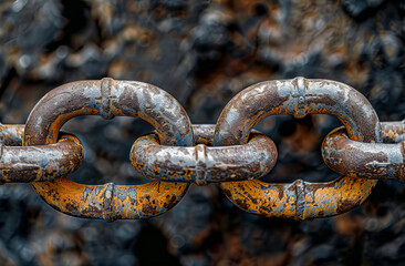 Close-up of a heavy, rusty chain on a metallic surface
