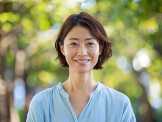Smiling Asian Woman in a Light Blue Shirt, Celebrating the Month of May Generative AI