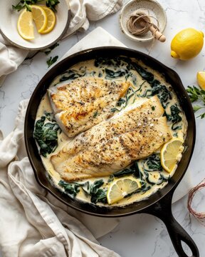 Layered Fish with Cream and Spinach in Cast Iron Pan on White Marble Surface