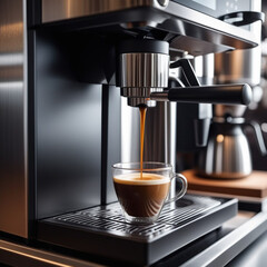 the coffee machine pours coffee into a glass cup