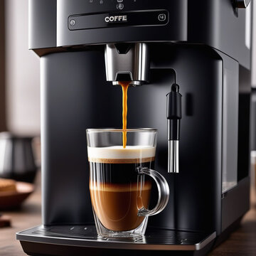 the coffee machine pours coffee into a glass cup