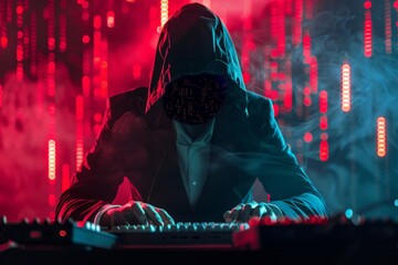 A man wearing a hooded jacket is playing a keyboard. Hacker in online digital world trying to steal...