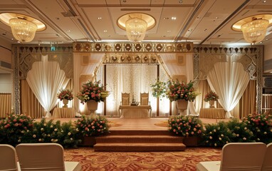 A large room with a stage and a large chandelier. The stage is decorated with flowers and a large white curtain
