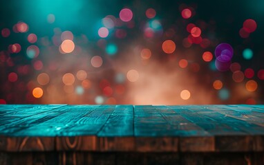 A wooden table with a blue top and a blurry background. The table is empty and the background is filled with colorful dots. Scene is dreamy and whimsical
