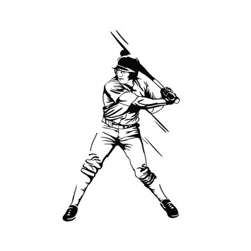 recommend clip art: Baseball player with bat in helmet, team player. Character. Vector black and white illustration, silhouette.