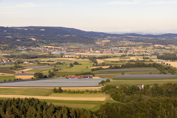 Obraz premium Blick vom Aussichtsturm Hohenbodman bei Owingen auf den Bodensee und die Alpen