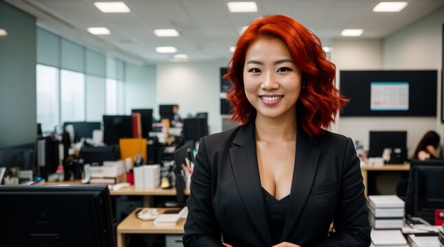 Confident professional woman smiling in busy office environment 