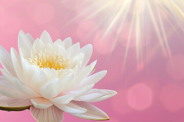 White lotus flower on pink background with sun rays, empty space for text