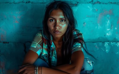 Fototapeta premium A woman with long hair is sitting on the ground and looking at the camera. She is wearing a plaid shirt and jeans