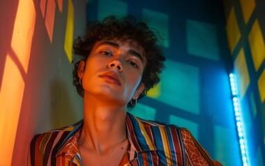 A young man with curly hair is wearing a striped shirt and a necklace. He is standing in front of a wall with colorful lights - Powered by Adobe