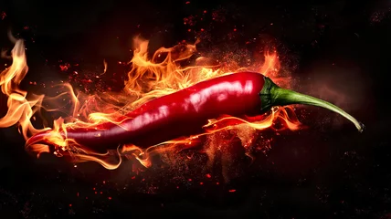 Fotobehang Burning red hot chilli pepper in fire on dark black background. Generated AI © Elena