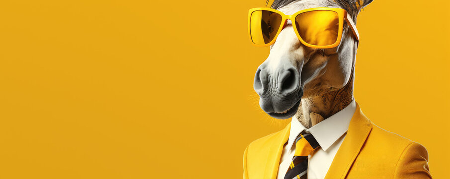 Cool horse head in bussiness suit on yellow background.