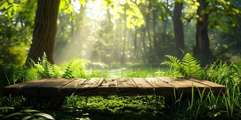 A serene forest scene with a wooden bench and sunlight streaming through the trees, perfect for a relaxing afternoon in the woods. Generative AI