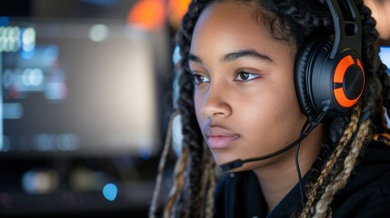 A young woman wearing headphones and a headset is sitting in front of a computer monitor. She is focused on her work, possibly engaged in a video game or a task that requires concentration