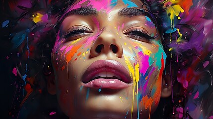 Fototapeta premium Farben im Gesicht, abstrakte Kunst, KI, Bunte Farben, Vielfalt, Portrait, Designfarben