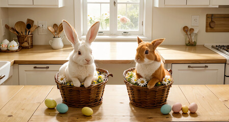 Two cute Easter rabbits inside two wicker baskets on a kitchen table. Daisy flowers and Easter eggs...