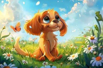 April Showers Bring May Flowers A Cute Cartoon of a Dog in a Field of Daisies Generative AI