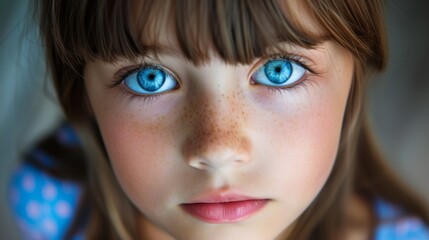 A young girl with blue eyes and freckles stares at the camera. Concept of innocence and curiosity, as the girl's gaze seems to be searching for something or someone