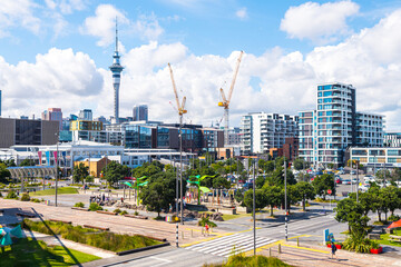 views of auckland harbour and skyline at background - obrazy, fototapety, plakaty