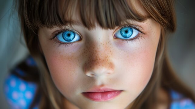 A young girl with blue eyes and freckles stares at the camera. Concept of innocence and curiosity, as the girl's gaze seems to be searching for something or someone