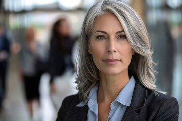 Fototapeta premium A middle aged business woman with grey hair wearing a blue shirt.