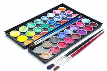 A palette of watercolors and brushes.