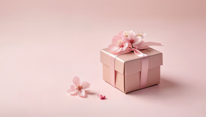 Present gift box with satin pink bow. Background elegant copy space, pink ribbon decorated with blooming sakura flowers. Decorations, gifts, parties, valentine's day, romance and asian style.