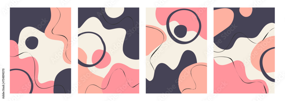 Fototapete set of abstract backgrounds with various hand drawn dynamic shapes and black wavy lines for creative